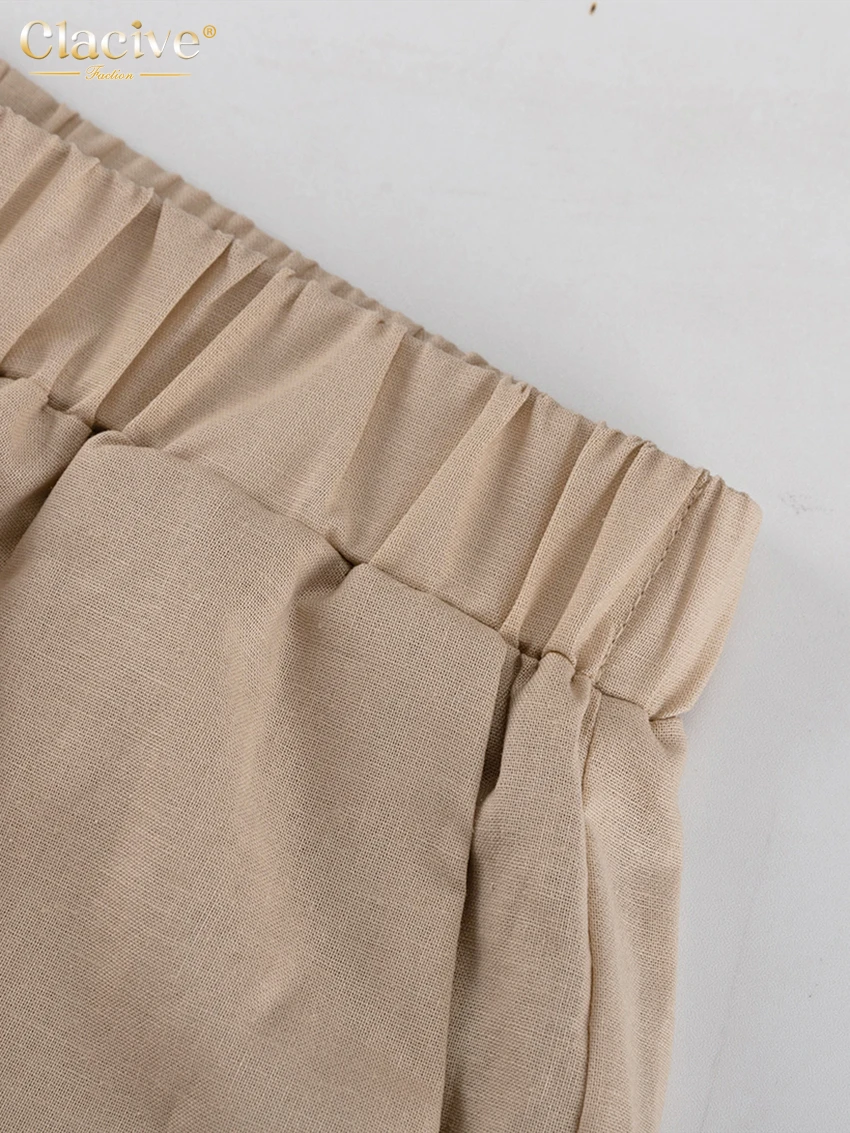 Clacive Casual Loose Khaki 2 Piece Set Women Outfit 2024 Fashion Long Sleeve Lace-Up Shirt With High Waist Wide Pants Set Female