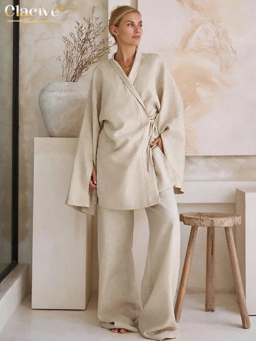 Clacive Casual Loose Khaki 2 Piece Set Women Outfit 2024 Fashion Long Sleeve Lace-Up Shirt With High Waist Wide Pants Set Female