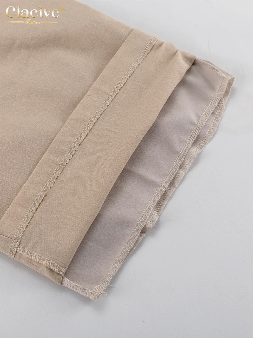 Clacive Casual Loose Khaki 2 Piece Set Women Outfit 2024 Fashion Long Sleeve Lace-Up Shirt With High Waist Wide Pants Set Female