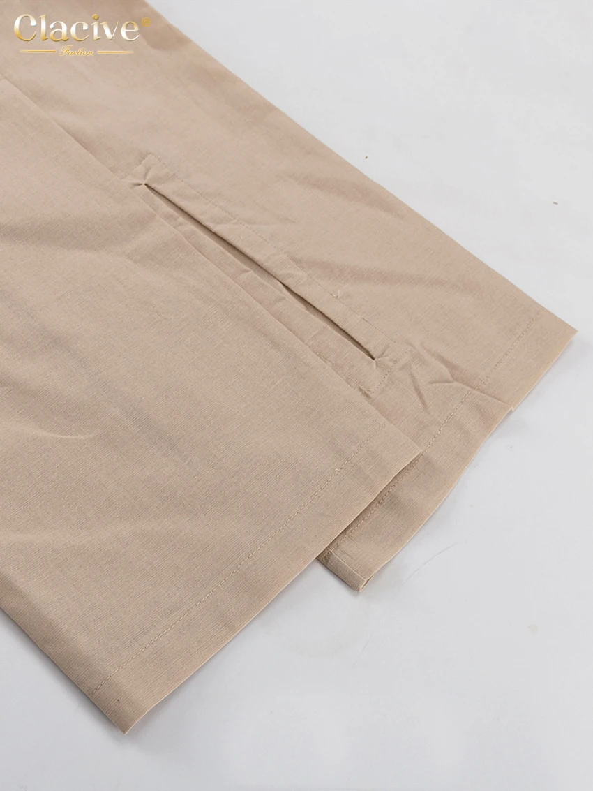 Clacive Casual Loose Khaki 2 Piece Set Women Outfit 2024 Fashion Long Sleeve Lace-Up Shirt With High Waist Wide Pants Set Female