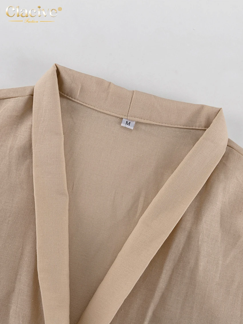 Clacive Casual Loose Khaki 2 Piece Set Women Outfit 2024 Fashion Long Sleeve Lace-Up Shirt With High Waist Wide Pants Set Female
