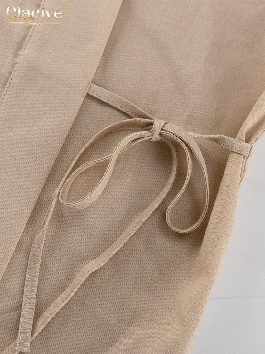 Clacive Casual Loose Khaki 2 Piece Set Women Outfit 2024 Fashion Long Sleeve Lace-Up Shirt With High Waist Wide Pants Set Female