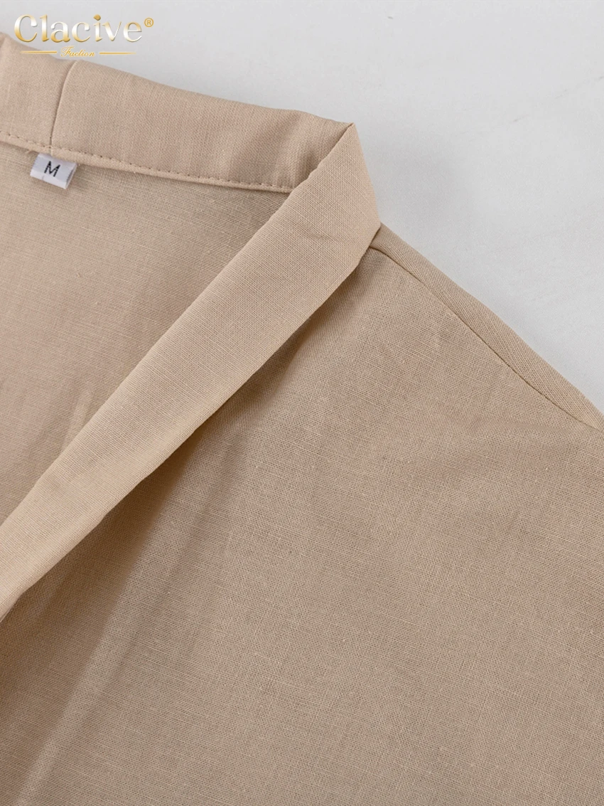 Clacive Casual Loose Khaki 2 Piece Set Women Outfit 2024 Fashion Long Sleeve Lace-Up Shirt With High Waist Wide Pants Set Female