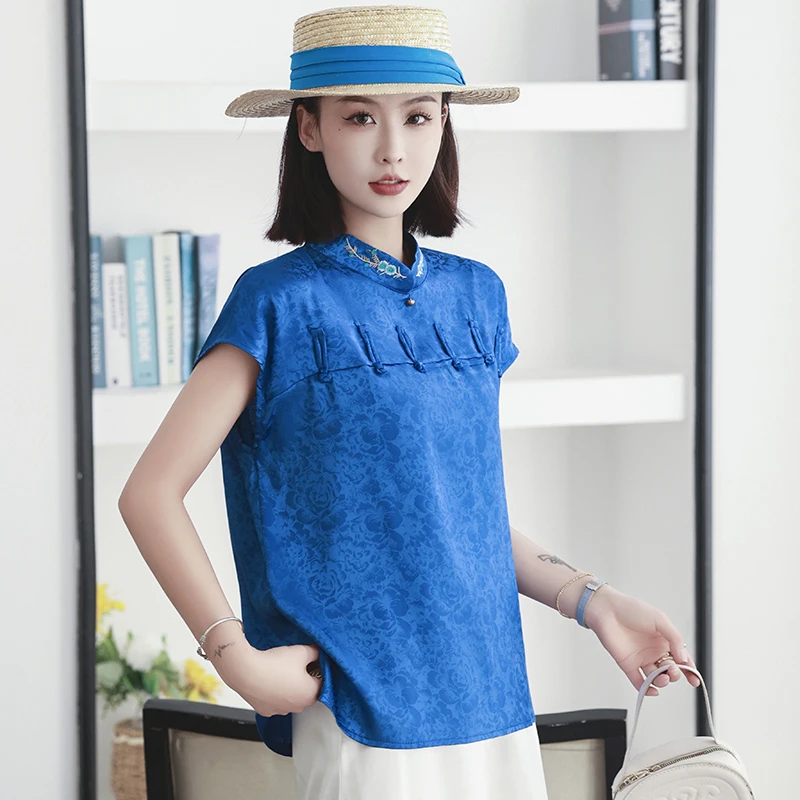 Summer Women Clothing Tops Embroidery Simulation Silk Improved Cheongsam Short Sleeve Chinese Style Plate Buckle Printed Shirt