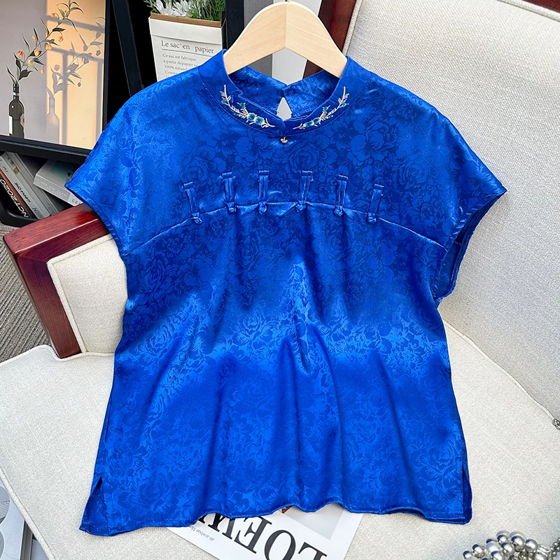 Summer Women Clothing Tops Embroidery Simulation Silk Improved Cheongsam Short Sleeve Chinese Style Plate Buckle Printed Shirt