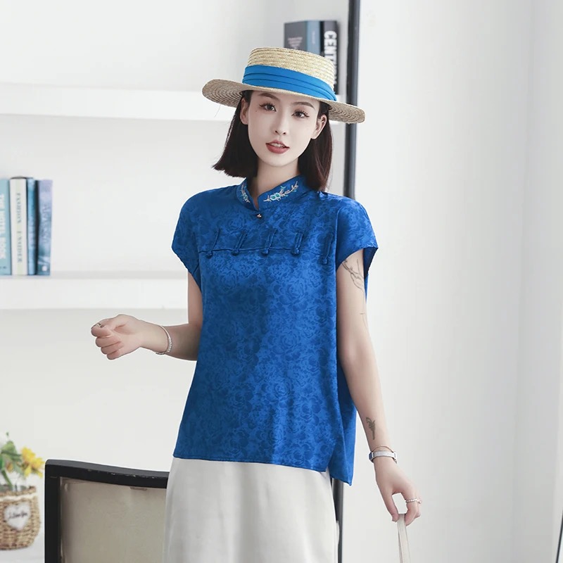 Summer Women Clothing Tops Embroidery Simulation Silk Improved Cheongsam Short Sleeve Chinese Style Plate Buckle Printed Shirt