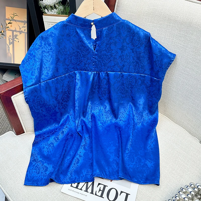 Summer Women Clothing Tops Embroidery Simulation Silk Improved Cheongsam Short Sleeve Chinese Style Plate Buckle Printed Shirt
