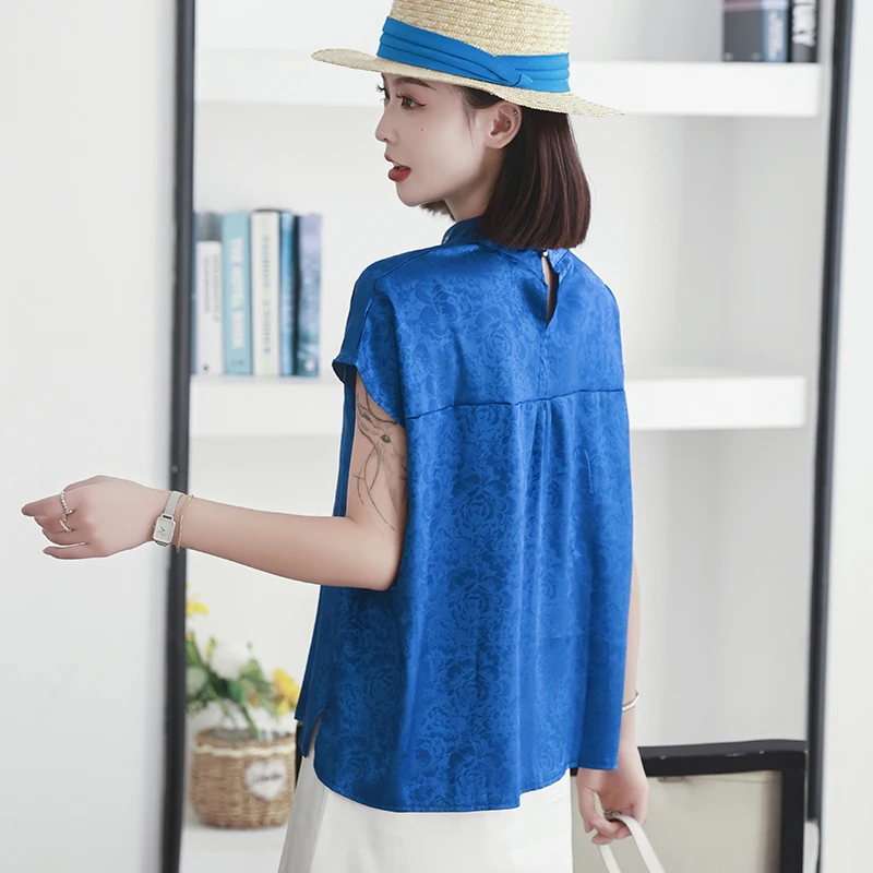 Summer Women Clothing Tops Embroidery Simulation Silk Improved Cheongsam Short Sleeve Chinese Style Plate Buckle Printed Shirt