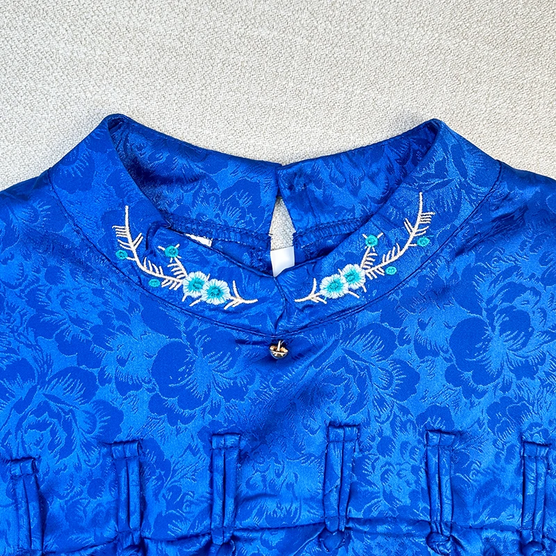 Summer Women Clothing Tops Embroidery Simulation Silk Improved Cheongsam Short Sleeve Chinese Style Plate Buckle Printed Shirt