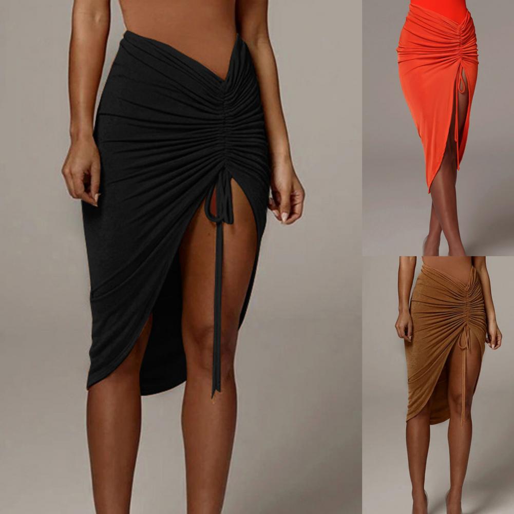 Clubwear Sexy Women Solid Draped Drawstring Sheath Skirts Bodycon Skirts Women High Split Irregular Shirring Skirt clothes