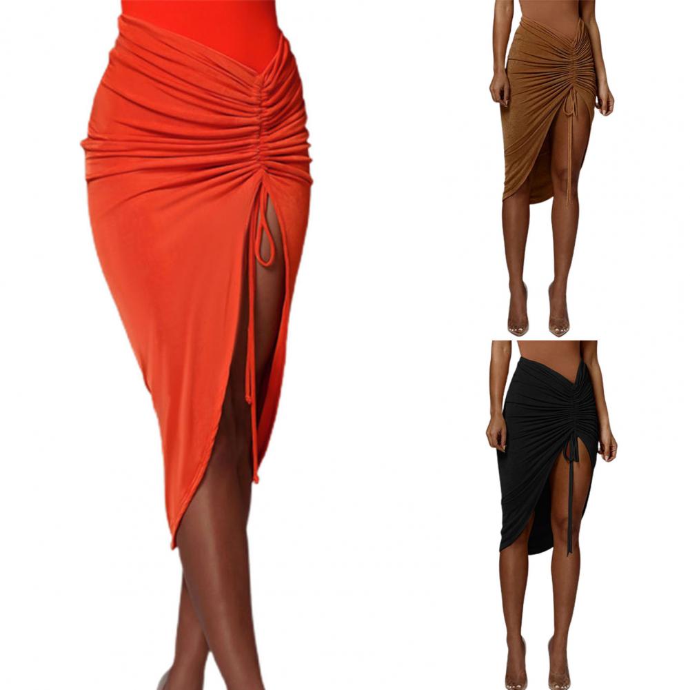 Clubwear Sexy Women Solid Draped Drawstring Sheath Skirts Bodycon Skirts Women High Split Irregular Shirring Skirt clothes