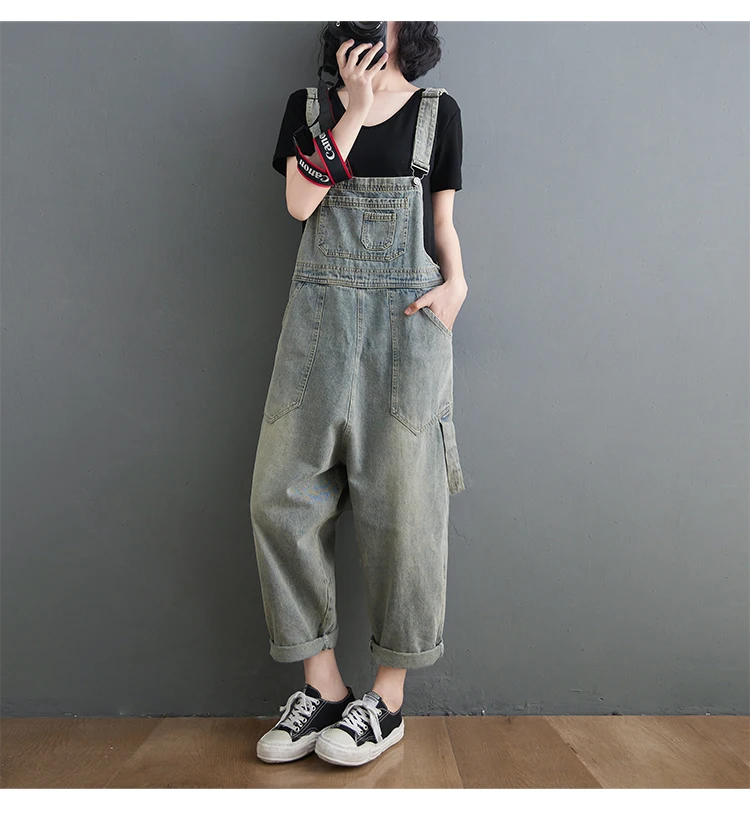 Boyfriend Loose Jeans Overalls For Women Casual Plus Size Wide Leg Denim Jumpsuit Straps Baggy Cargo Pants Big Pockets Dungarees