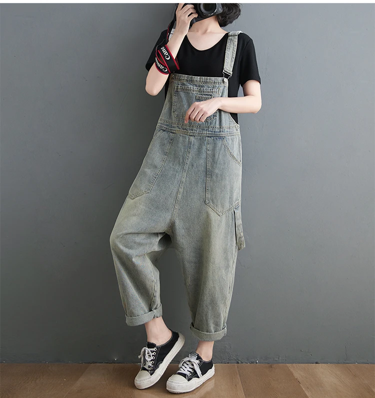 Boyfriend Loose Jeans Overalls For Women Casual Plus Size Wide Leg Denim Jumpsuit Straps Baggy Cargo Pants Big Pockets Dungarees
