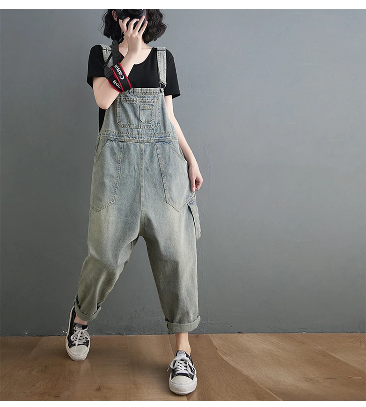 Boyfriend Loose Jeans Overalls For Women Casual Plus Size Wide Leg Denim Jumpsuit Straps Baggy Cargo Pants Big Pockets Dungarees