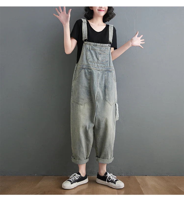 Boyfriend Loose Jeans Overalls For Women Casual Plus Size Wide Leg Denim Jumpsuit Straps Baggy Cargo Pants Big Pockets Dungarees