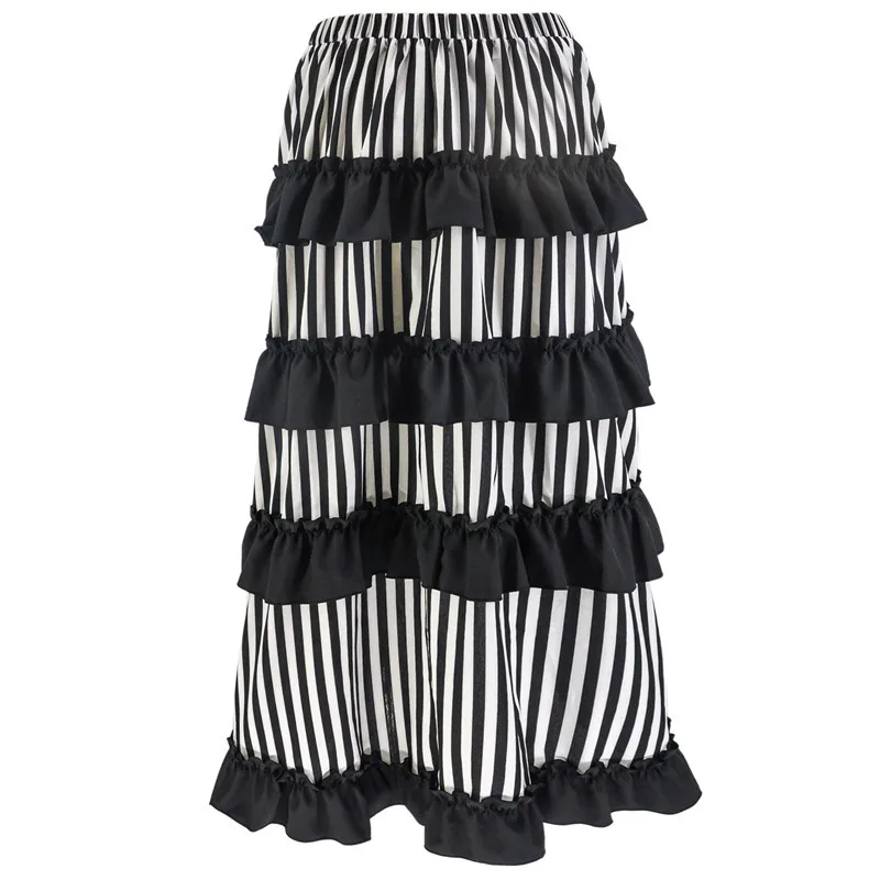 Multicolor Lady Gothic Steampunk Pinstripe Skirt Rock Gypsy Vintage Costume Front Lace-Up Layer Clubwear Outfit