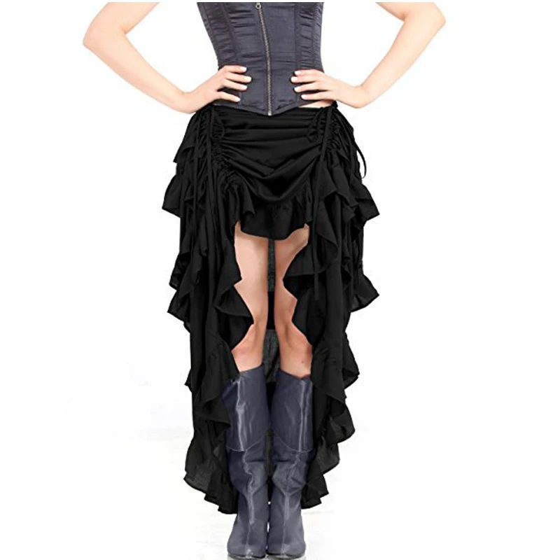 Multicolor Lady Gothic Steampunk Pinstripe Skirt Rock Gypsy Vintage Costume Front Lace-Up Layer Clubwear Outfit