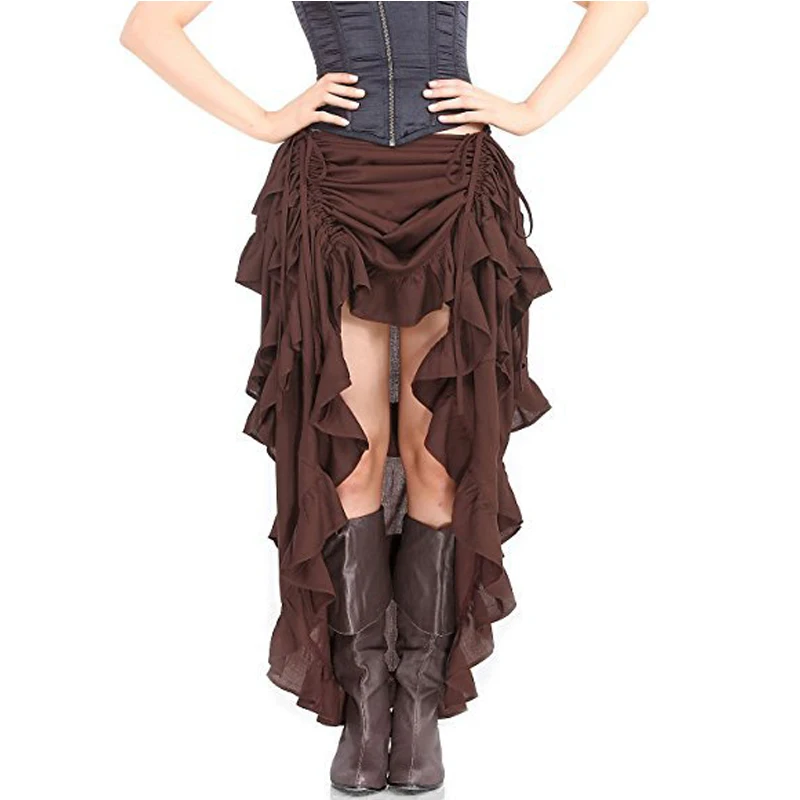 Multicolor Lady Gothic Steampunk Pinstripe Skirt Rock Gypsy Vintage Costume Front Lace-Up Layer Clubwear Outfit