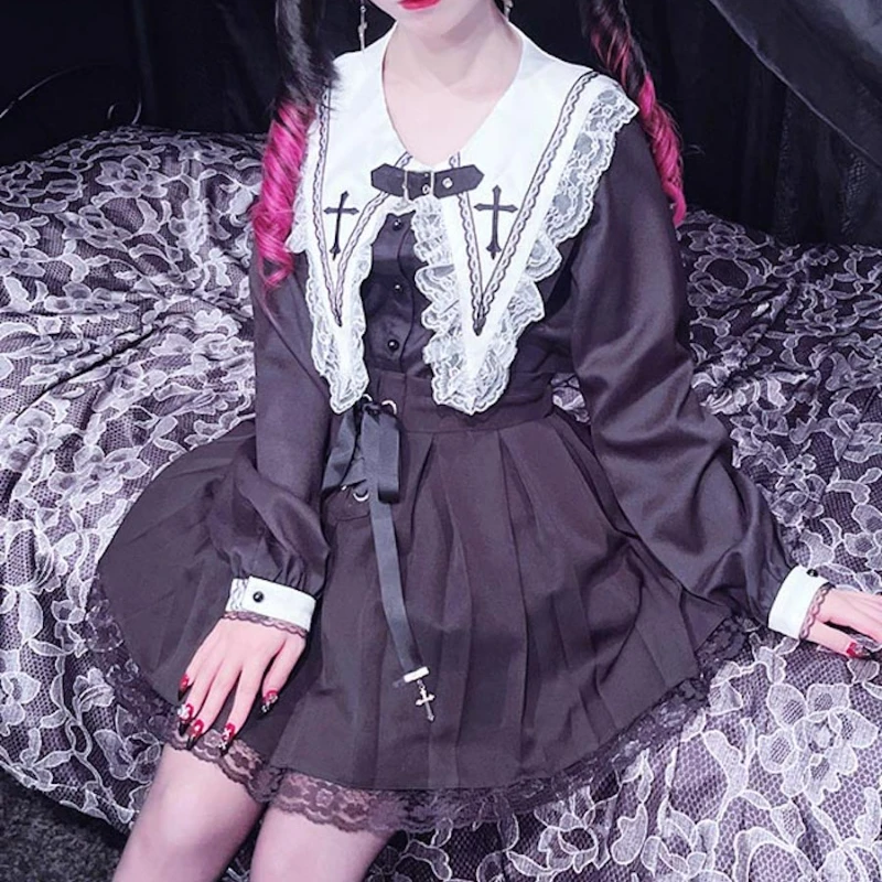 Victorian Gothic Lolita Blouses Japanese Sweet Lace Ruffles Embroidery Sailor Collar Shirt Women Punk Style Y2k Long Sleeve Tops