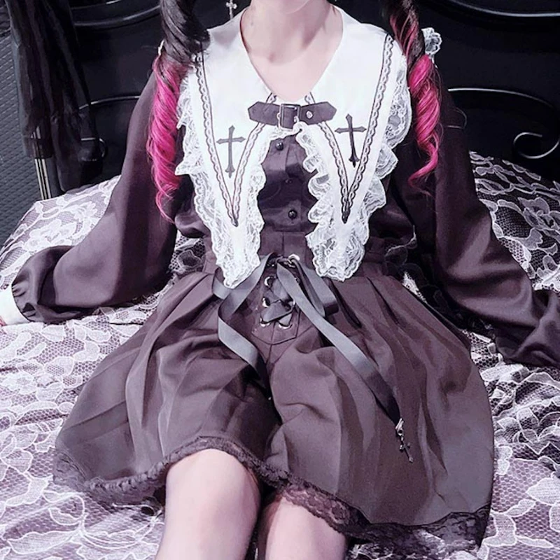 Victorian Gothic Lolita Blouses Japanese Sweet Lace Ruffles Embroidery Sailor Collar Shirt Women Punk Style Y2k Long Sleeve Tops