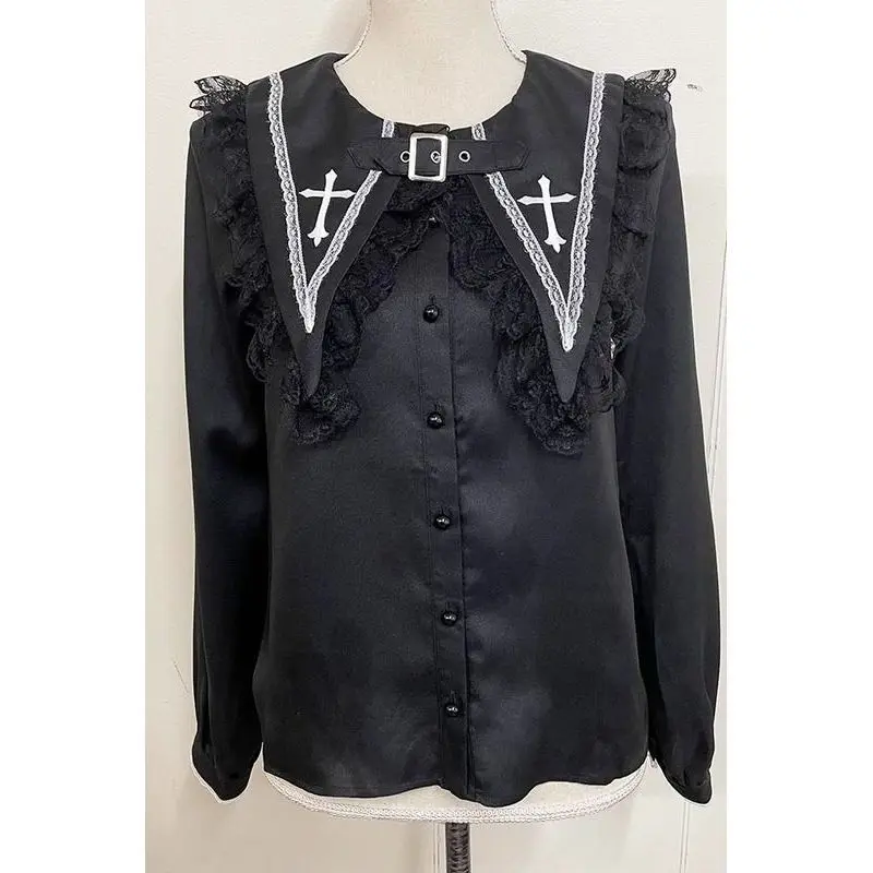 Victorian Gothic Lolita Blouses Japanese Sweet Lace Ruffles Embroidery Sailor Collar Shirt Women Punk Style Y2k Long Sleeve Tops