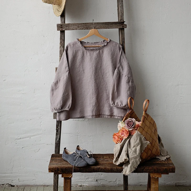 Retro Linen Women T-Shirt Casual Loose O-Neck Ruffles Long Sleeve Tees Spring Autumn Basic Tops Shirts Mujer Camisetas