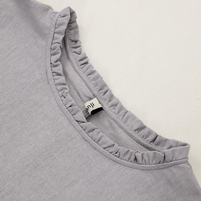Retro Linen Women T-Shirt Casual Loose O-Neck Ruffles Long Sleeve Tees Spring Autumn Basic Tops Shirts Mujer Camisetas
