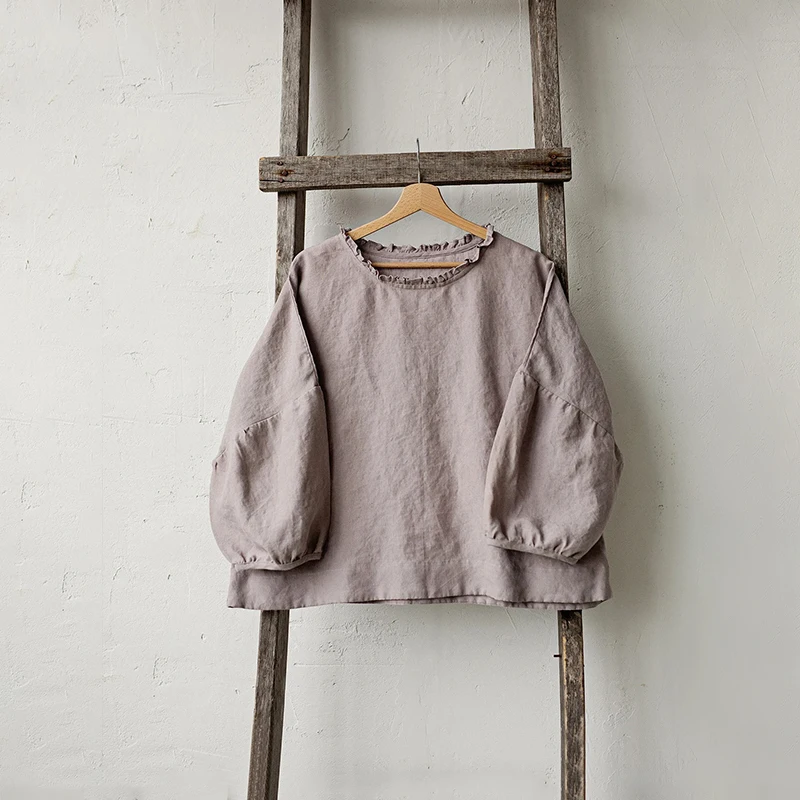Retro Linen Women T-Shirt Casual Loose O-Neck Ruffles Long Sleeve Tees Spring Autumn Basic Tops Shirts Mujer Camisetas