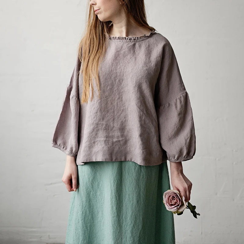 Retro Linen Women T-Shirt Casual Loose O-Neck Ruffles Long Sleeve Tees Spring Autumn Basic Tops Shirts Mujer Camisetas