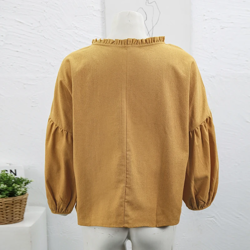 Retro Linen Women T-Shirt Casual Loose O-Neck Ruffles Long Sleeve Tees Spring Autumn Basic Tops Shirts Mujer Camisetas