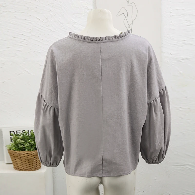 Retro Linen Women T-Shirt Casual Loose O-Neck Ruffles Long Sleeve Tees Spring Autumn Basic Tops Shirts Mujer Camisetas