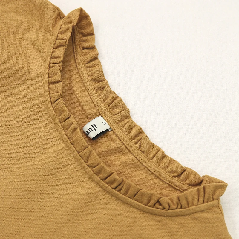 Retro Linen Women T-Shirt Casual Loose O-Neck Ruffles Long Sleeve Tees Spring Autumn Basic Tops Shirts Mujer Camisetas