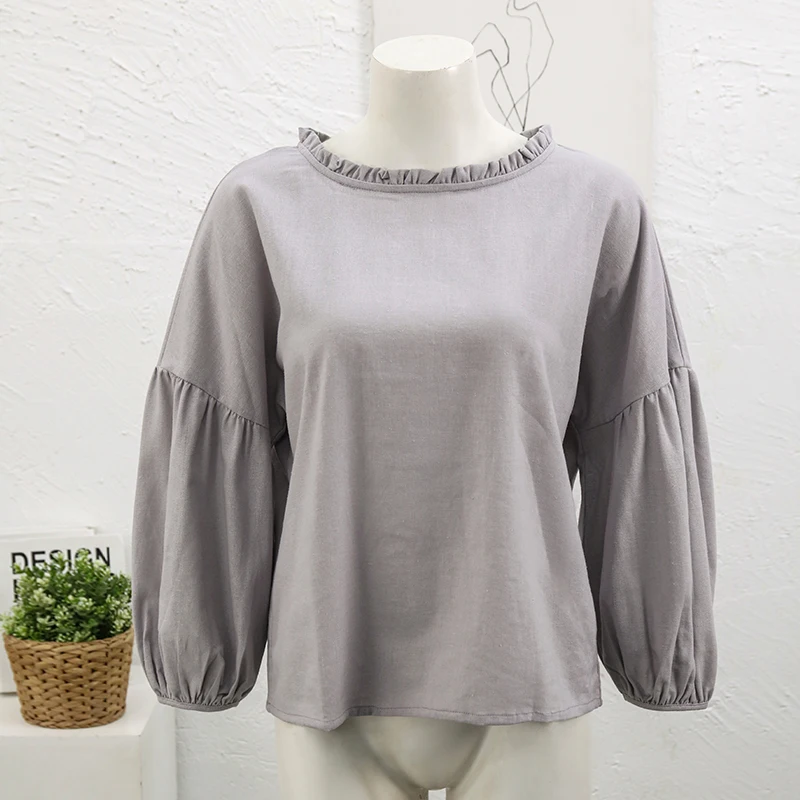 Retro Linen Women T-Shirt Casual Loose O-Neck Ruffles Long Sleeve Tees Spring Autumn Basic Tops Shirts Mujer Camisetas