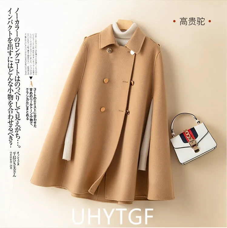 UHYTGF Mid Long Bat Cape Wool Coat Women High-End Double Sided Cashmere Autumn Jacket Female Fashion Casual Ladies Outewear 2029