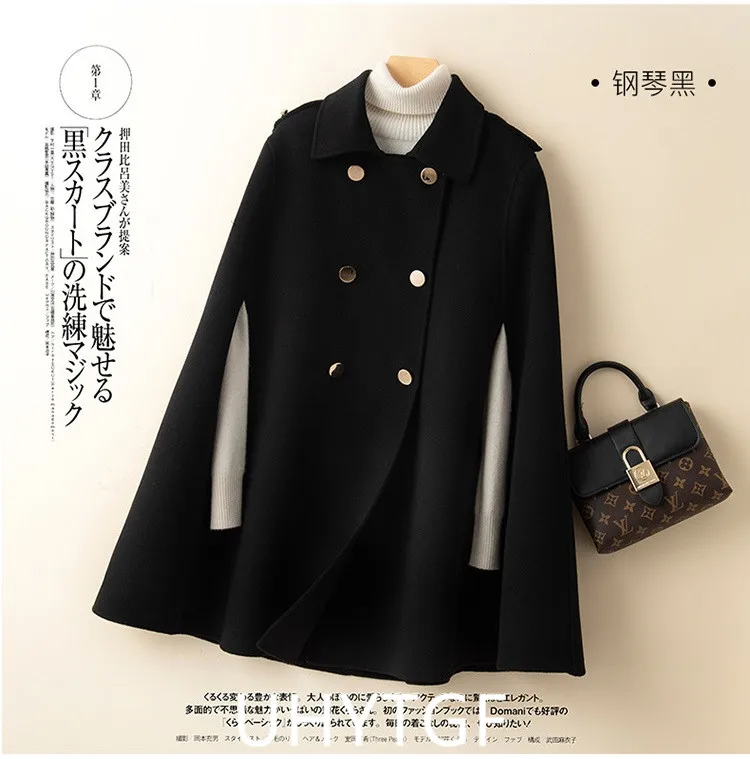 UHYTGF Mid Long Bat Cape Wool Coat Women High-End Double Sided Cashmere Autumn Jacket Female Fashion Casual Ladies Outewear 2029