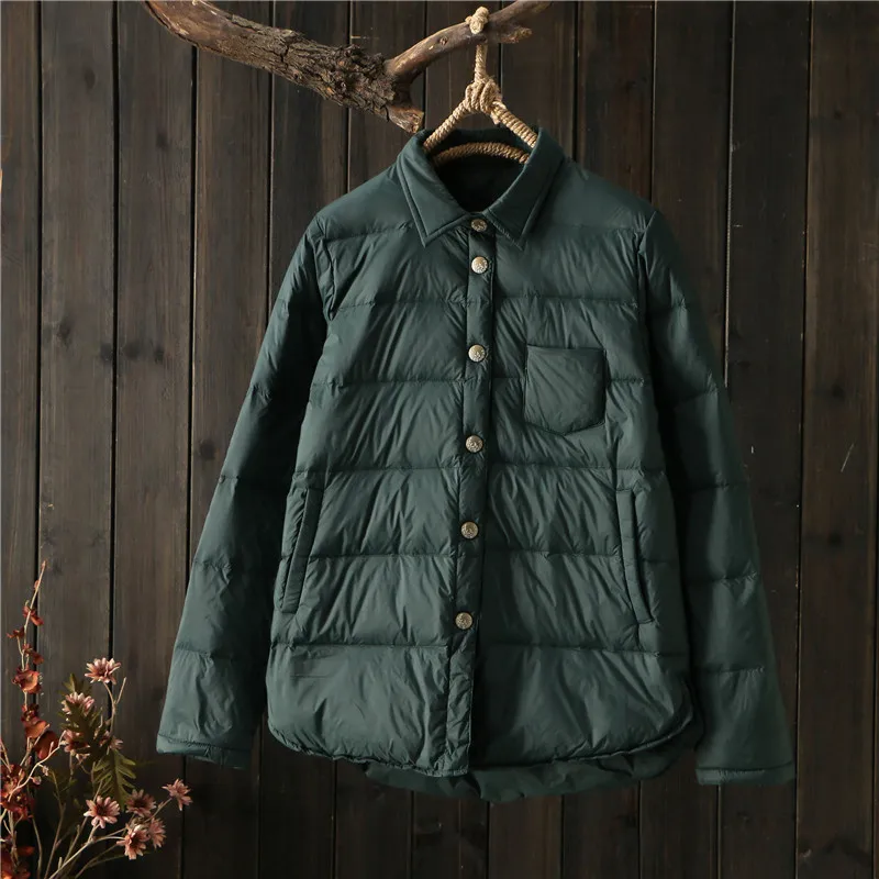 Retro Casual Shirt Down Coat 2023 Autumn Winter Women Light Thin White Duck Down Jacket Parkas Ladies Short Warm Puffer Outwears