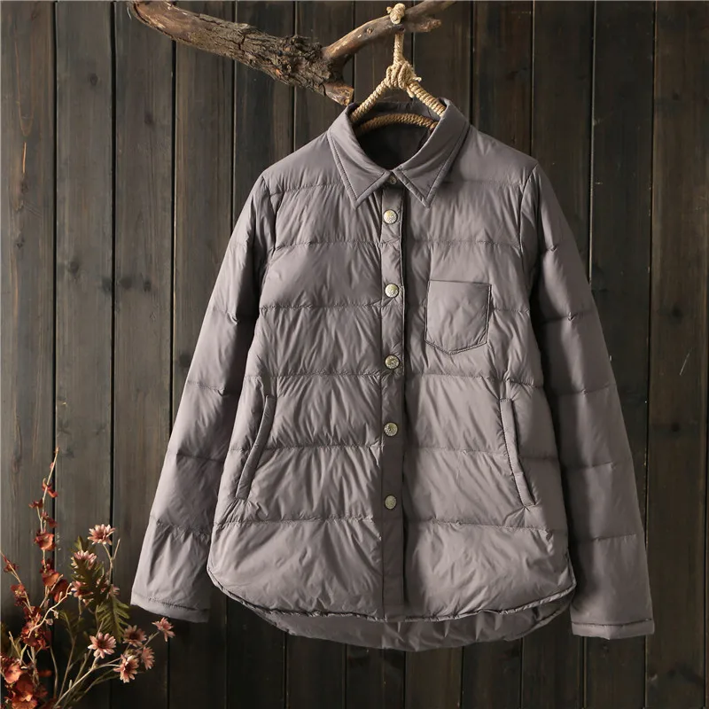 Retro Casual Shirt Down Coat 2023 Autumn Winter Women Light Thin White Duck Down Jacket Parkas Ladies Short Warm Puffer Outwears