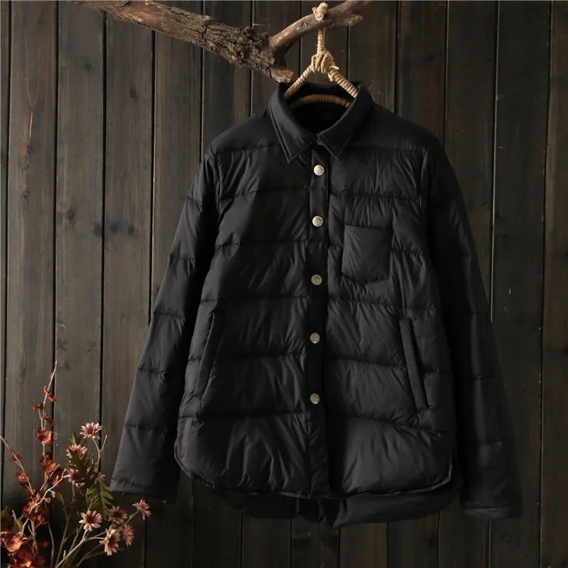Retro Casual Shirt Down Coat 2023 Autumn Winter Women Light Thin White Duck Down Jacket Parkas Ladies Short Warm Puffer Outwears