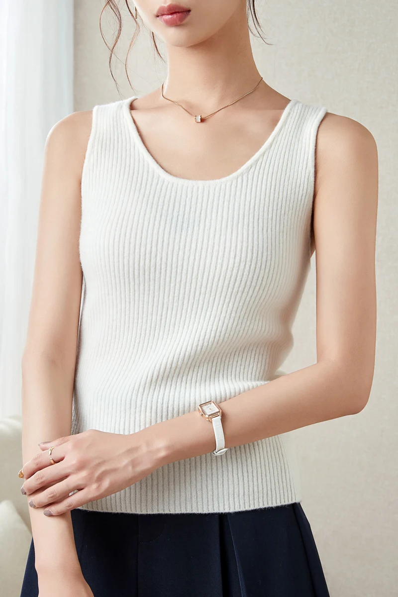 LONGMING Sweater for Women Sleeveless Vests 100% Merino Wool Knitted O-neck Cashmere Pullover Spring Fashion Top Female Clothing