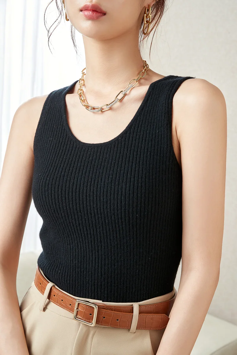 LONGMING Sweater for Women Sleeveless Vests 100% Merino Wool Knitted O-neck Cashmere Pullover Spring Fashion Top Female Clothing