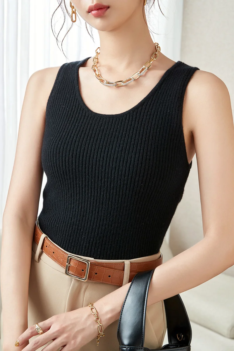 LONGMING Sweater for Women Sleeveless Vests 100% Merino Wool Knitted O-neck Cashmere Pullover Spring Fashion Top Female Clothing