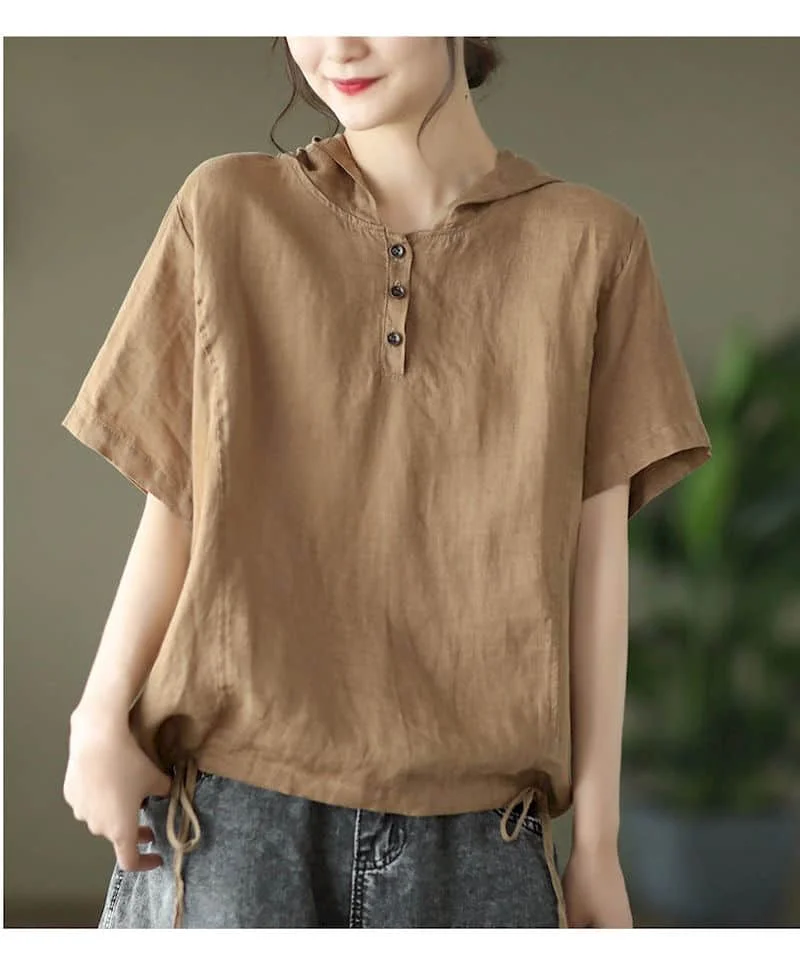 Cotton Linen T Shirts Women Vintage Hooded T-shirt Casual Loose Drawstring Swing Short Sleeve Tops Summer Trend Thin Tshirt Y2k
