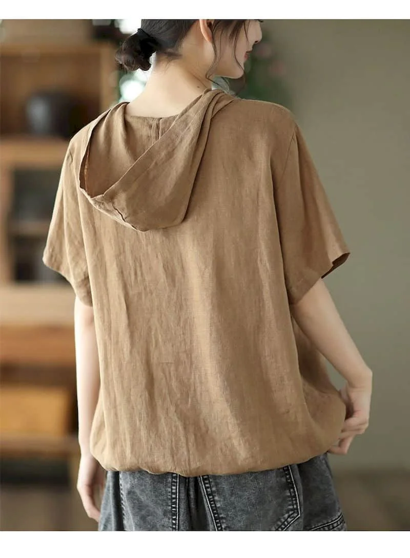 Cotton Linen T Shirts Women Vintage Hooded T-shirt Casual Loose Drawstring Swing Short Sleeve Tops Summer Trend Thin Tshirt Y2k