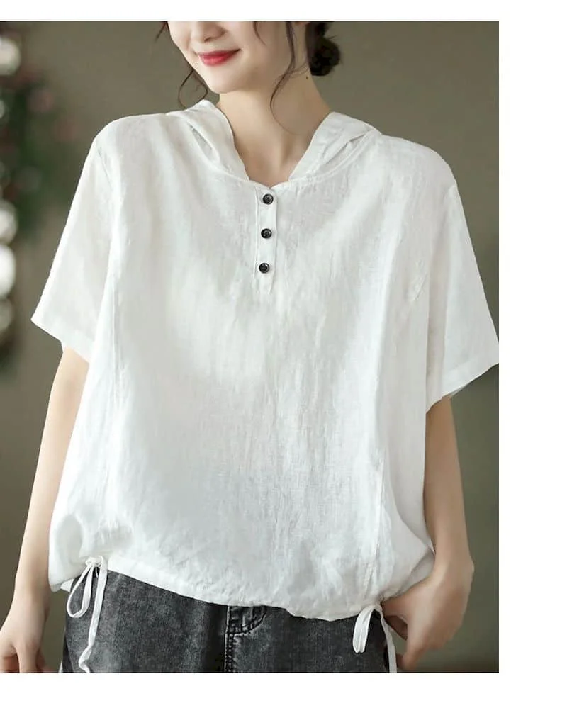 Cotton Linen T Shirts Women Vintage Hooded T-shirt Casual Loose Drawstring Swing Short Sleeve Tops Summer Trend Thin Tshirt Y2k