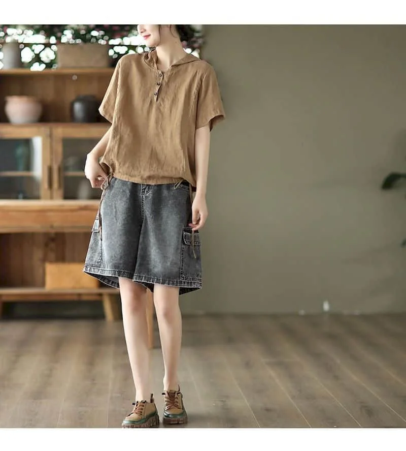 Cotton Linen T Shirts Women Vintage Hooded T-shirt Casual Loose Drawstring Swing Short Sleeve Tops Summer Trend Thin Tshirt Y2k