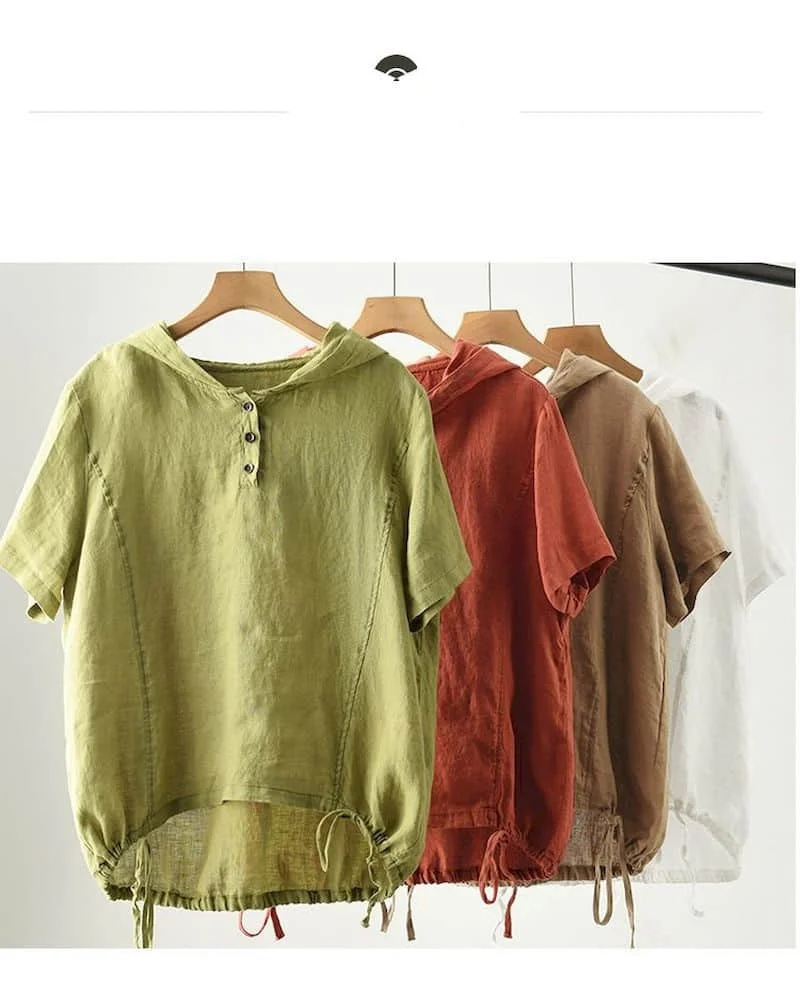 Cotton Linen T Shirts Women Vintage Hooded T-shirt Casual Loose Drawstring Swing Short Sleeve Tops Summer Trend Thin Tshirt Y2k