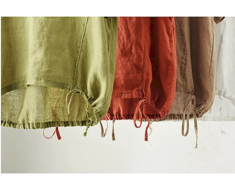 Cotton Linen T Shirts Women Vintage Hooded T-shirt Casual Loose Drawstring Swing Short Sleeve Tops Summer Trend Thin Tshirt Y2k