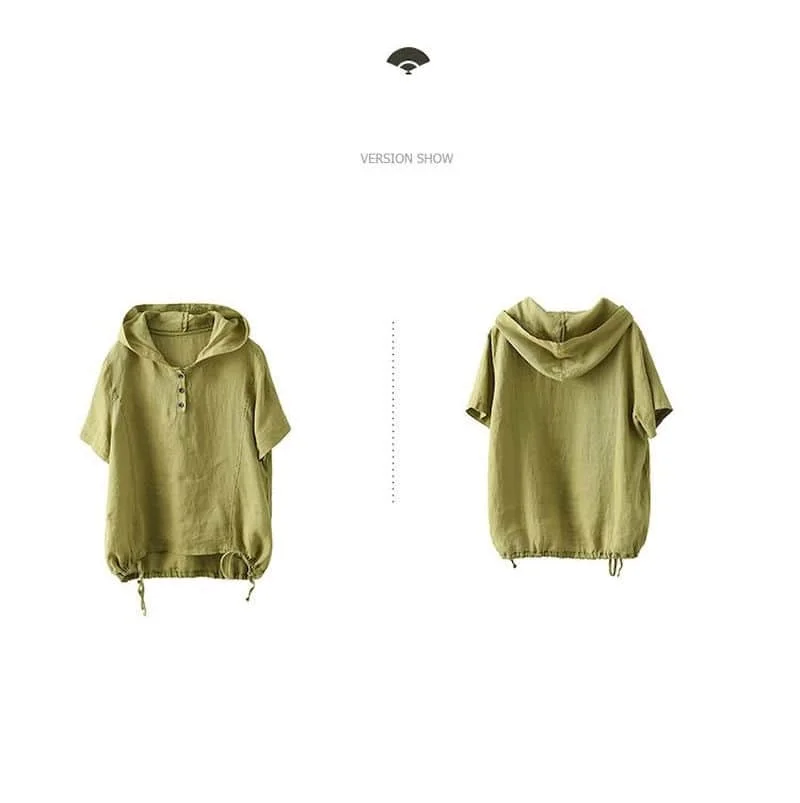 Cotton Linen T Shirts Women Vintage Hooded T-shirt Casual Loose Drawstring Swing Short Sleeve Tops Summer Trend Thin Tshirt Y2k