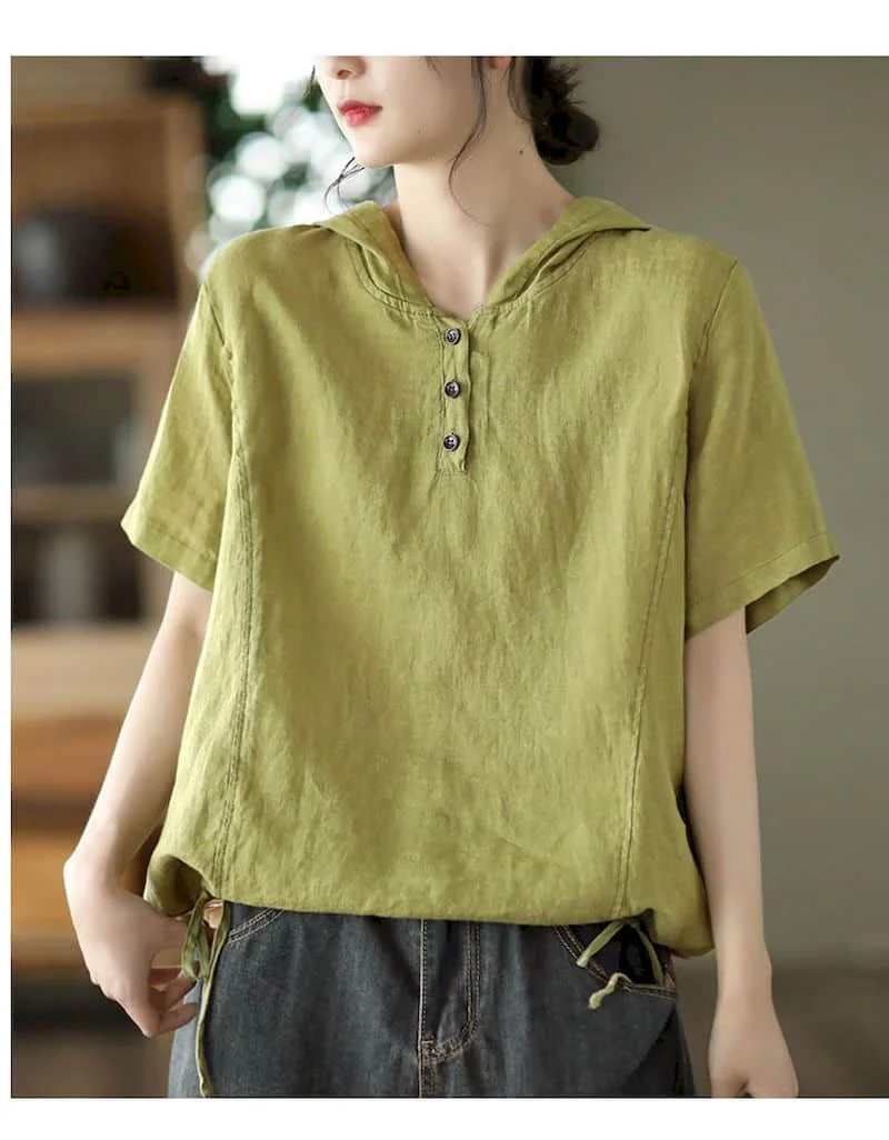 Cotton Linen T Shirts Women Vintage Hooded T-shirt Casual Loose Drawstring Swing Short Sleeve Tops Summer Trend Thin Tshirt Y2k
