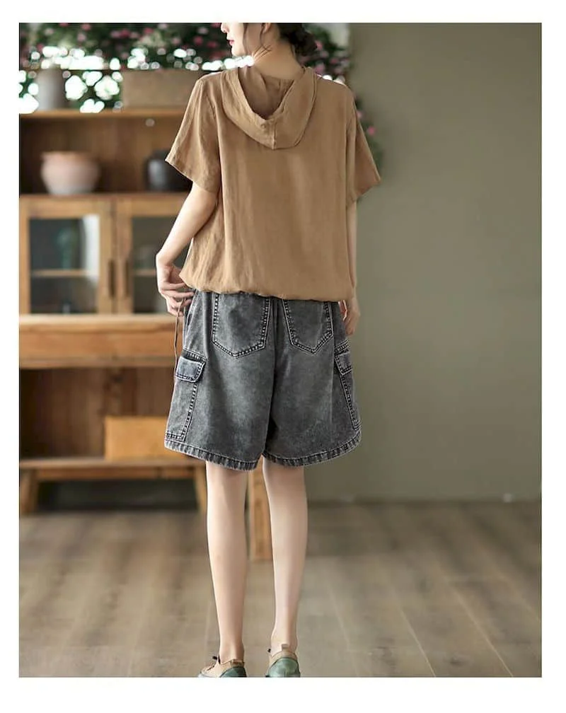 Cotton Linen T Shirts Women Vintage Hooded T-shirt Casual Loose Drawstring Swing Short Sleeve Tops Summer Trend Thin Tshirt Y2k